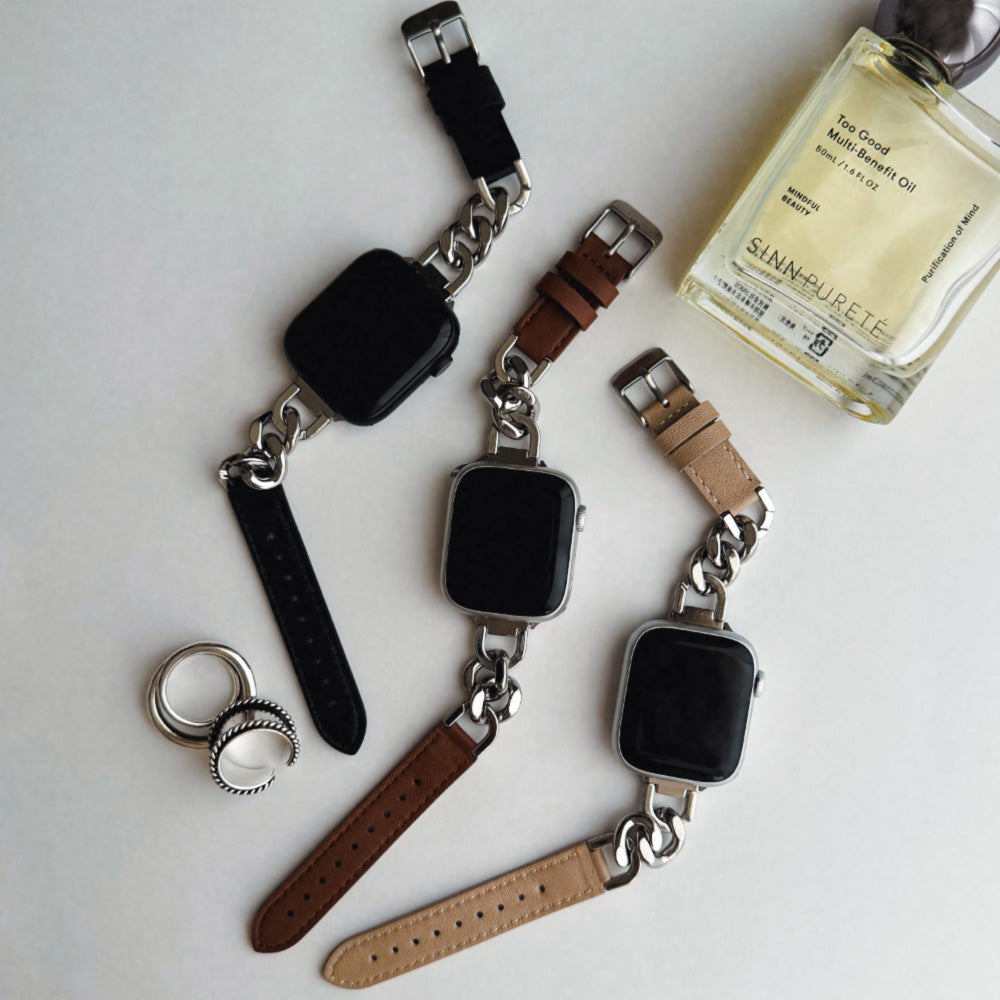 【Apple Watch38/40/41/42(S10)mm】Leather Chain Band for Apple Watch (BROWN)