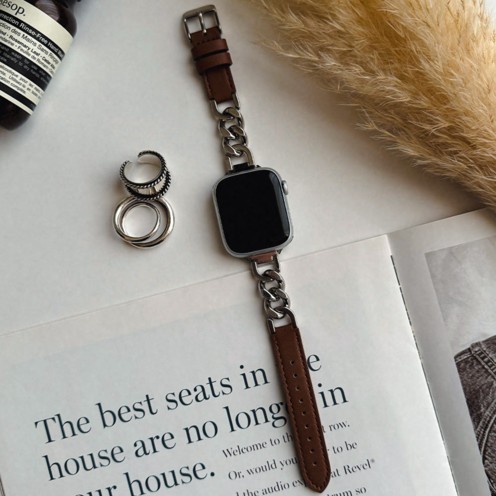 【Apple Watch38/40/41/42(S10)mm】Leather Chain Band for Apple Watch (BROWN)