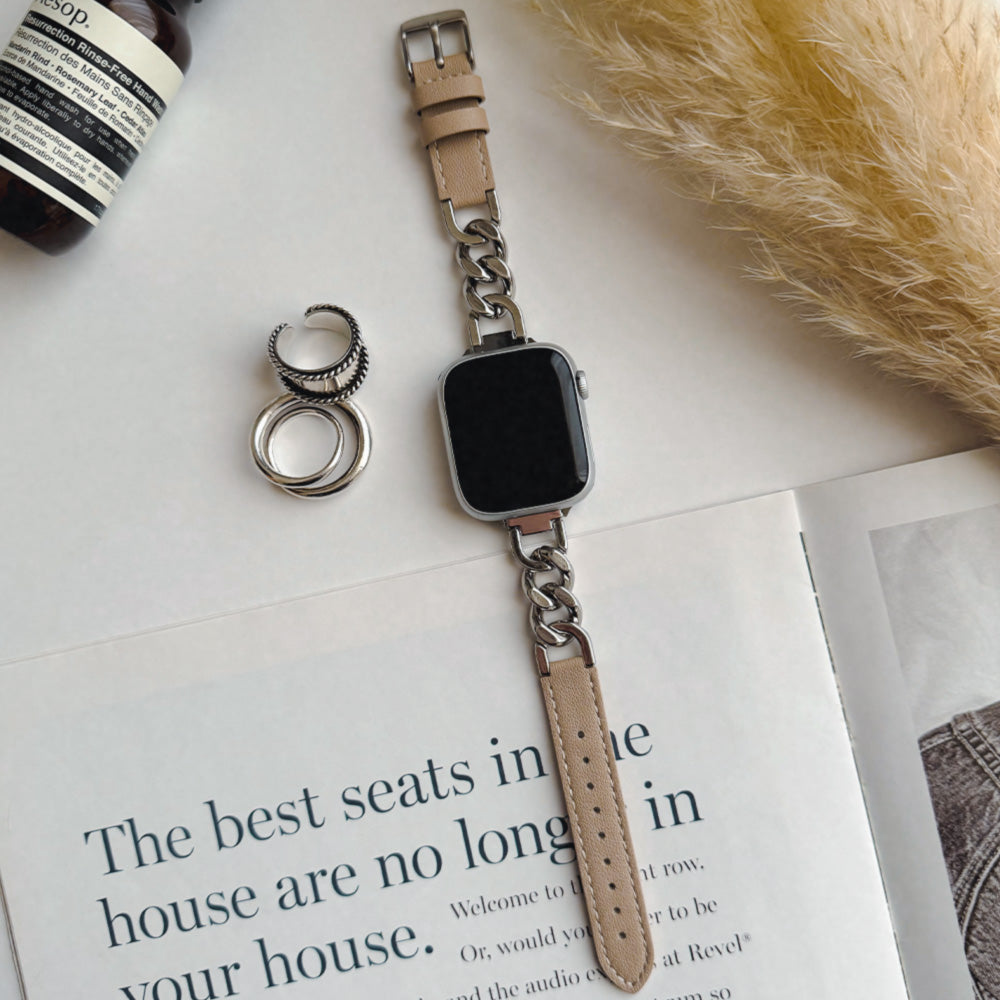 【Apple Watch38/40/41/42(S10)mm】Leather Chain Band for Apple Watch (GREIGE)